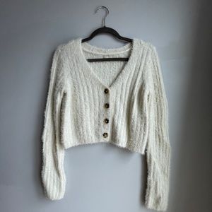 Fuzzy White Cream Cropped Cozy Cardigan Size XS